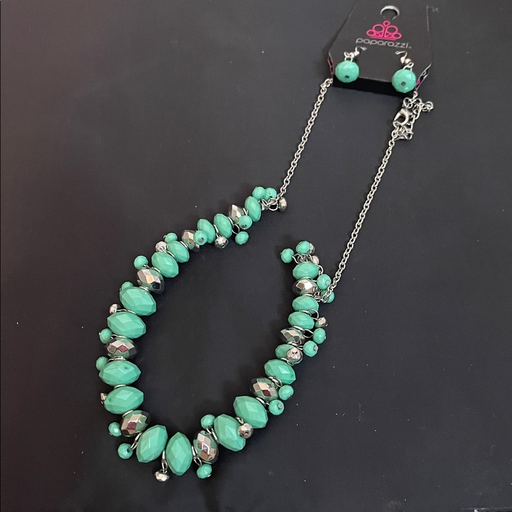 Paparazzi Aqua and Silver Beaded Necklace Set